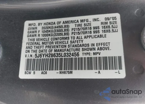 2005 Honda Element Ex from USA, damaged, VIN 5J6YH28635L032456